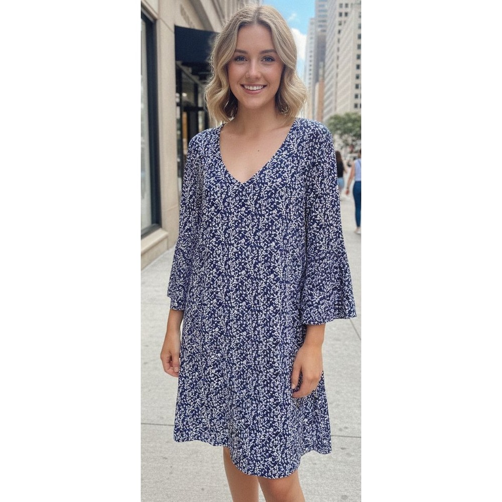 MSK Petite Navy Blue and White Floral Print Dress with Bell Sleeves, Size PXL